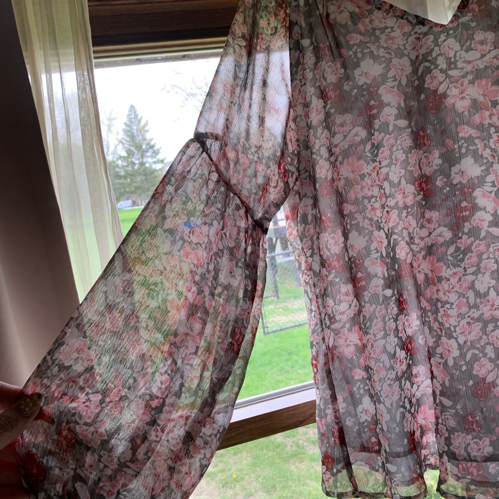 Floral Sheer Blouse v neck and balloon sleeves has second layer underneath NWOT